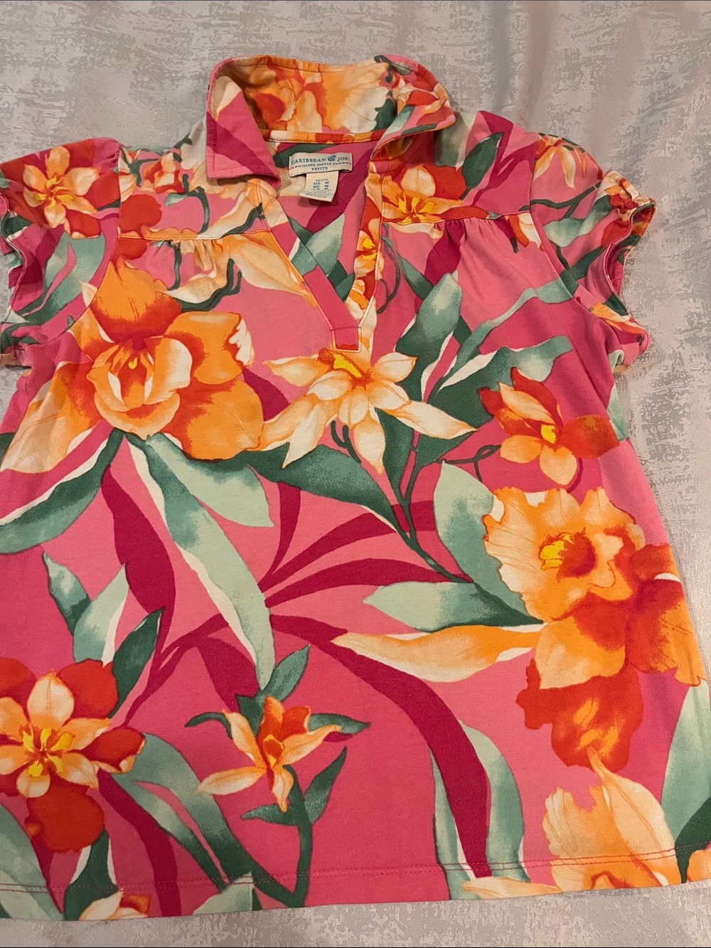 Caribbean Joe Pink Tropical Floral Collar V-Neck Tunic
